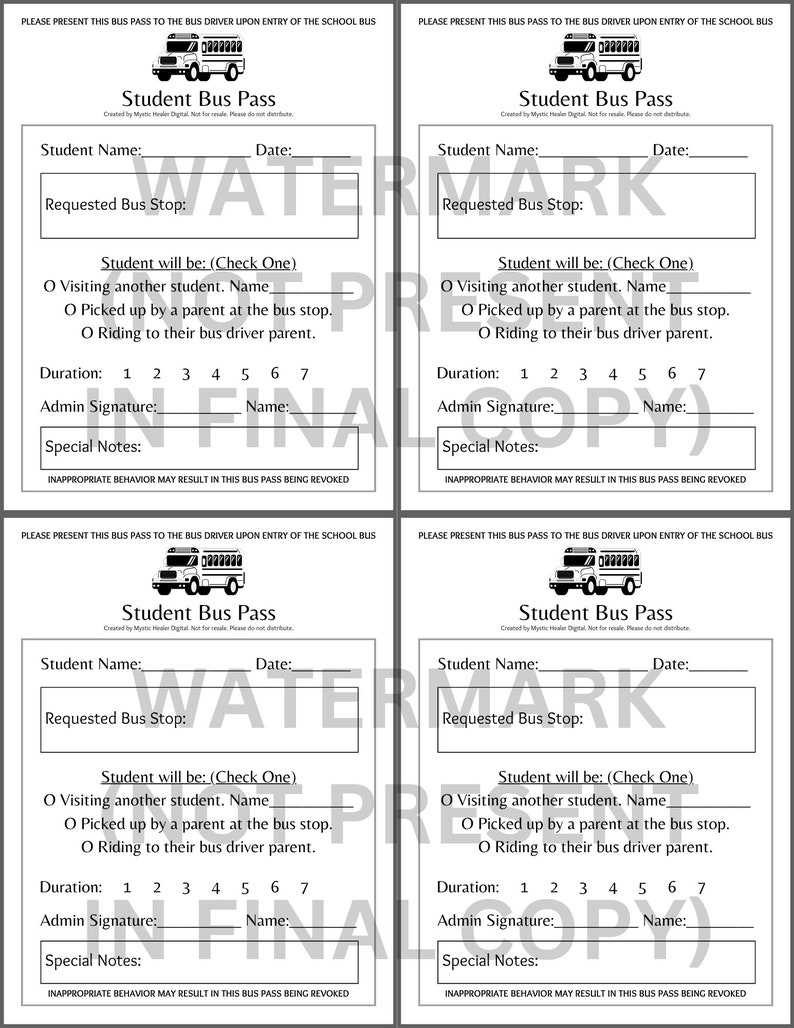 Student Bus Pass, for School Use, School Bus Pass, School Bus ...