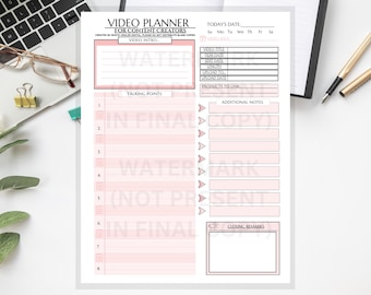 May include: A printable video planner for content creators with sections for video intro, talking points, additional notes, and closing remarks. The planner has a pink and white color scheme.