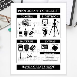 May include: A black and white checklist for photographers. The checklist is divided into four sections: Camera, Lighting, Backups, and Extras. Each section includes a list of items to bring with you on a photoshoot, such as a camera, lens, battery, SD card, camera light, flash, tripod, business cards, lens cleaning kit, and more. The checklist also includes a reminder to charge batteries, clean lenses, and check SD cards. The checklist ends with the phrase "Have a Great Shoot!"