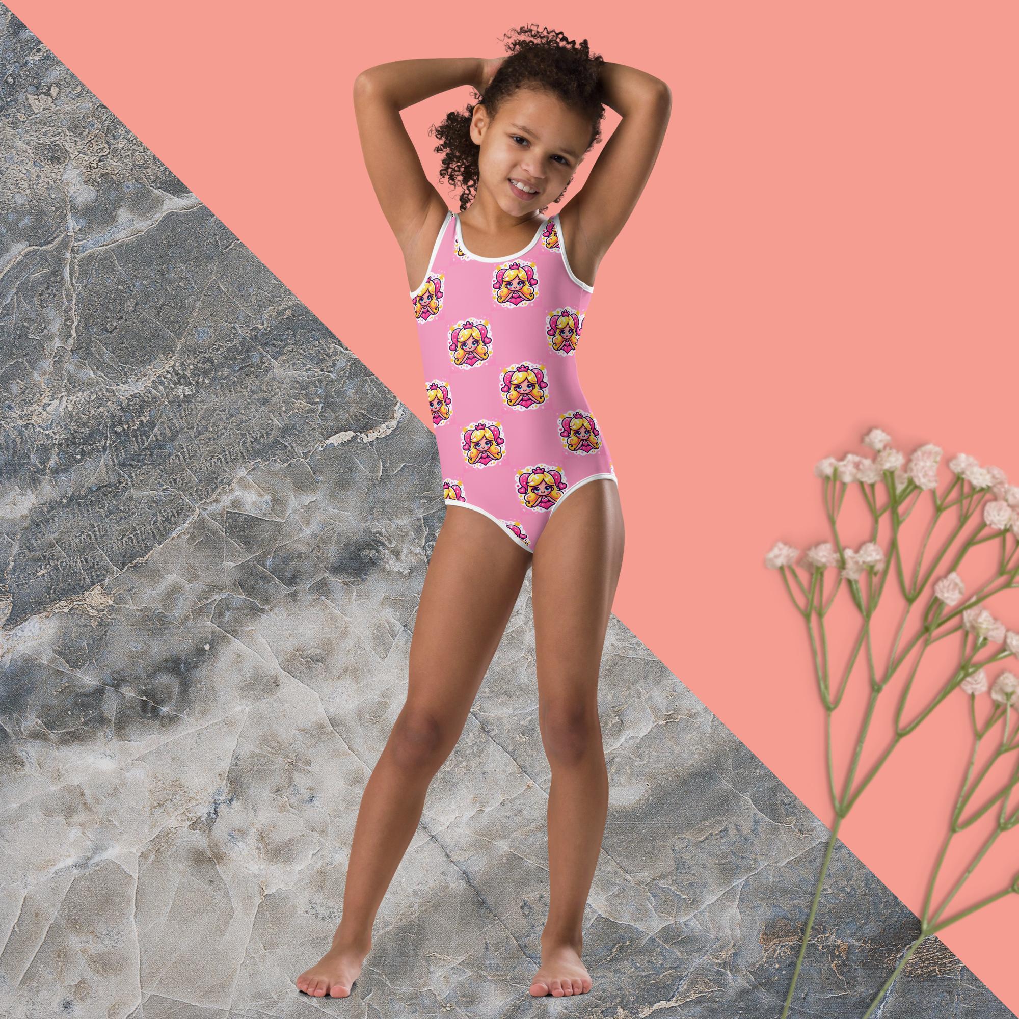 Pink Princess Print Kids Swimsuit Etsy