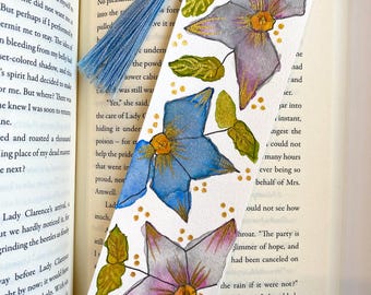 Hand-Painted Floral Bookmark With Tassel: Metallic Watercolor Botanical Art