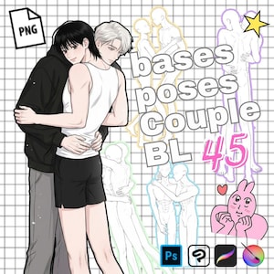 Puede incluir: Ilustración digital de dos hombres abrazándose, con el texto "bases poses COUPLE BL 45" y un icono "PNG". La imagen incluye bocetos de parejas en varias poses, además de iconos de Photoshop, un signo de interrogación y Procreate.