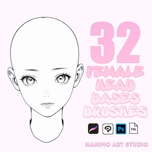 32 kvinnliga huvudbasborstar – Referenser för ansikts- och vinkelteckning