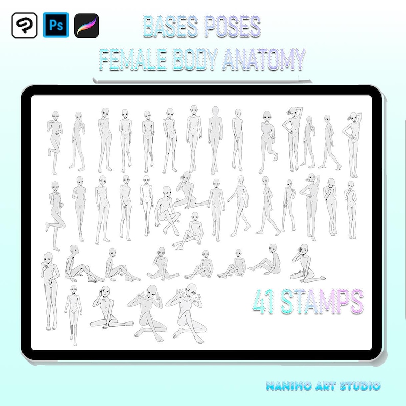 41 Female Poses Bases – Figure Drawing Stamps for Procreate, Photoshop ...