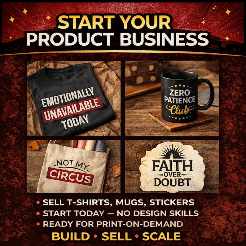 May include: Image promoting a product business. It features a black t-shirt with "Emotionally Unavailable Today", a black mug with "Zero Patience Club", a tote bag with "Not My Circus", and a sticker with "Faith Over Doubt".
