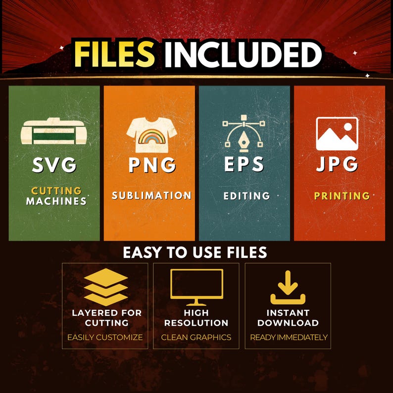 May include: A graphic with the text "FILES INCLUDED" and icons for SVG, PNG, EPS, and JPG files. Below, it says "EASY TO USE FILES" with icons for layered cutting, high resolution, and instant download. The background is a gradient of brown and red.