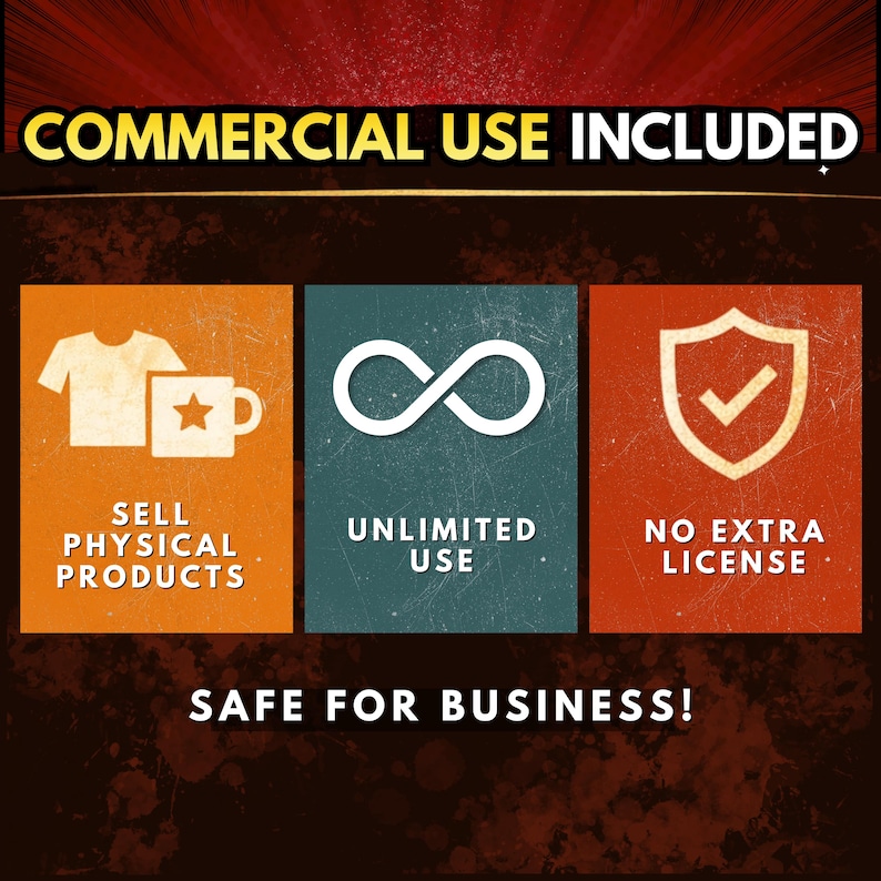May include: Image with text: "COMMERCIAL USE INCLUDED" and "SAFE FOR BUSINESS!". Three colored squares with icons and text: "SELL PHYSICAL PRODUCTS", "UNLIMITED USE", and "NO EXTRA LICENSE".