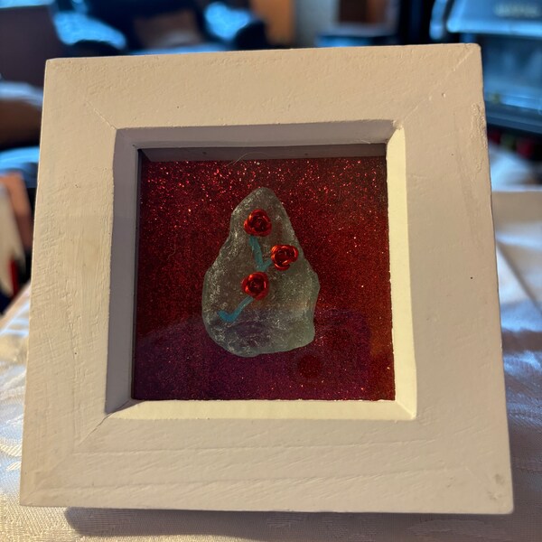 A beautiful red glitter background, large piece of sea glass box frame picture decorated with acrylic paint and roses, unique, only one I ha