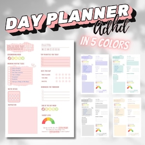 Op de afbeelding: Een roze en witte printbare dagelijkse planner met de tekst "DAY PLANNER" en "ADHD IN 5 COLORS". De planner bevat secties voor stemming, ochtendroutinetaken, topprioriteiten, beoordeling van deze dag, waterinname, inspiratie, stemming aan het einde van de dag en energieniveau.