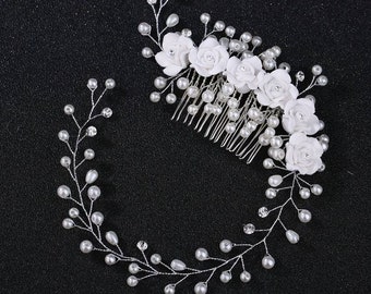 Braut Haarkamm Plastik Perlen Kristall weiße Rosen Steine Blume eleganter Haarkamm Frauen Hochzeit Haaraccessoires Haarschmuck