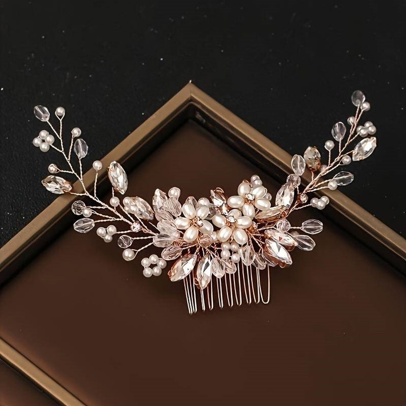 Rosegold Braut Haarkamm Plastik Perlen Strasssteine Blume Haarkamm eleganter Haarkamm Frauen Hochzeit Bild 2