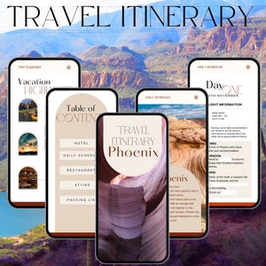 May include: A travel itinerary for Phoenix, Arizona, with a table of contents, daily schedule, and flight information. The itinerary includes a hotel, restaurant, attire, and packing list. The background image is a scenic view of red rock formations.