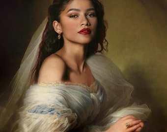 Portrait de ZENDAYA. à propos de Portrait d'une jeune femme, en buste, vêtue d'une robe en soie bleue par Hermann Winterhalter, 19e siècle