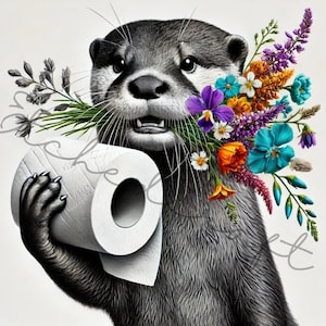 Divertente decorazione da parete per il bagno con lontra - Stampa di animali stravaganti con carta igienica e fiori - Grazioso arredo per il bagno, illustrazione stravagante della fauna selvatica