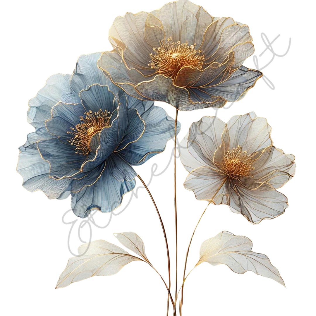 Blue and Gold Floral Wall Art: Elegant Botanical Print (digital ...