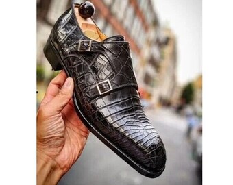 Handmade Men's Black Leather Crocodile Embossed Double Monk Formal Dress Shoes