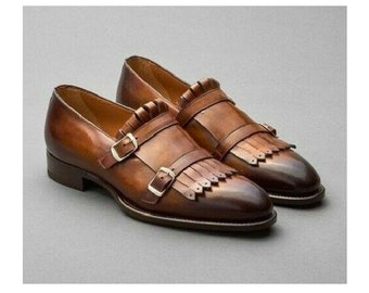 Zapatos-Botas de vestir de cuero con flecos dobles monje marrón elegantes de dos tonos hechos a mano para hombres