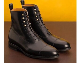 Men's Black Elegant Design Cap-toe Fine Pair Handmade Lace Up Fastening Boot, Men Formal Ankle Boots