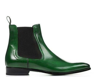 New Handmade Men's Green Leather Chelsea Boots, Men Ankle Fashion Dress Boots, Men Formal Chelsea Boots