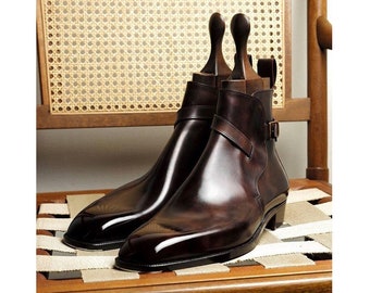 Men's Handmade Genuine Jodhpurs Brown Leather Strap Ankle Formal Dress Boots