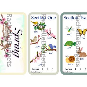 May include: A printable spring-themed game board with two sections. Section one features a yellow bird, a blue bird, and a brown bird on a branch with pink blossoms. Section two features a dragonfly, a butterfly, a turtle, a rabbit, and a snail. The game board includes points for each animal and a bonus section.