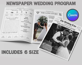 May include: A black and white newspaper style wedding program template with a photo of a couple on the front page. The headline reads "The Wedding Time" and "The Best Day Ever". The template includes a word search, menu, and a love story section.