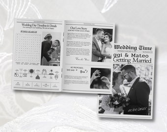 May include: A black and white newspaper style wedding announcement with the text "Wedding Time" and the names "ggi & Mateo Getting Married" with the date "11/01/2025".