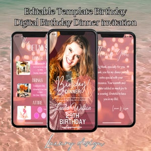 Digital Birthday Dinner invitation, Digital Birthday Party Invite, Dinner invitation, Video Birthday Dinner invitation, Editable Birthday