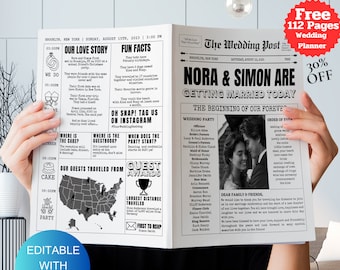 Wedding Newspaper template canva, Newspaper wedding program, Folded Large News Paper Program Template, Infographic Photo Invitation, Digital