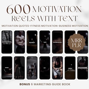 Puede incluir: Una imagen que presenta 600 Reels de motivación con texto, incluyendo Citas de motivación, Motivación fitness y Motivación empresarial. La imagen también incluye un bono de 6 Guías de marketing. El texto está en una fuente elegante.