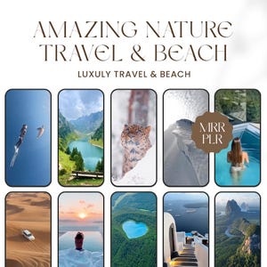 May include: A collage of images showcasing stunning natural landscapes, including a mountain lake, a snowy scene with a leopard, a heart-shaped lake, a desert scene with a white car, and a view from a plane window. The text "AMAZING NATURE TRAVEL & BEACH" and "LUXULY TRAVEL & BEACH" is displayed at the top of the collage.