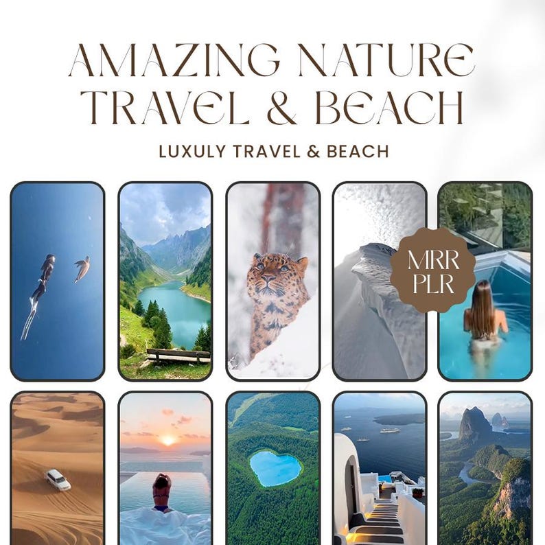 May include: A collage of images showcasing stunning natural landscapes, including a mountain lake, a snowy scene with a leopard, a heart-shaped lake, a desert scene with a white car, and a view from a plane window. The text "AMAZING NATURE TRAVEL & BEACH" and "LUXULY TRAVEL & BEACH" is displayed at the top of the collage.