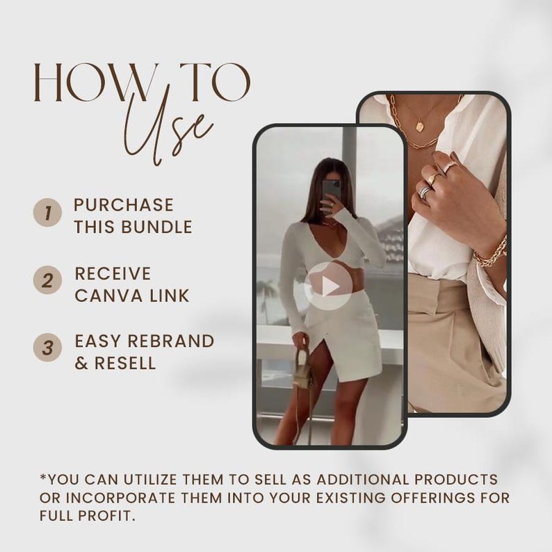 May include: A graphic with instructions on how to use a Canva template bundle. The graphic features a white background with brown text and numbers. The text reads "HOW TO Use" and includes the steps: "1. Purchase this bundle", "2. Receive Canva Link", and "3. Easy Rebrand & Resell". The graphic also includes the text: "*You can utilize them to sell as additional products or incorporate them into your existing offerings for full profit."