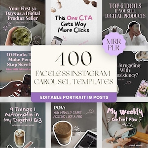 Könnte beinhalten: Ein Bild mit Instagram-Karussellvorlagen mit dem Text "400 Faceless Instagram Carousel Templates". Das Bild enthält Beispiele für Marketinginhalte für digitale Produkte.