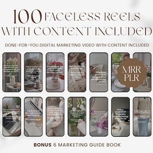 May include: An image featuring a collection of 100 faceless reels with content included, designed for digital marketing. The text includes "MRR PLR" and "Bonus 6 Marketing Guide Book". The reels showcase various marketing tips and strategies.