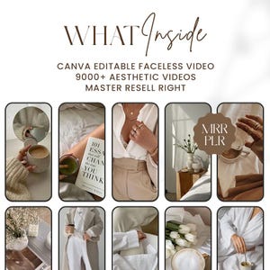 May include: A collage of nine images showcasing aesthetic video content for social media. The images feature a variety of scenes, including a book with the text "101 ESSA that will CHAN the way YOU THINK", a cup of coffee, a white shirt, and a bouquet of white flowers.
