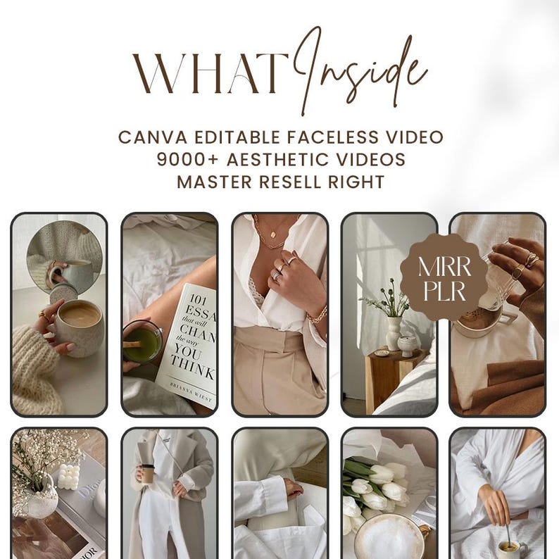 May include: A collage of nine images showcasing aesthetic video content for social media. The images feature a variety of scenes, including a book with the text "101 ESSA that will CHAN the way YOU THINK", a cup of coffee, a white shirt, and a bouquet of white flowers.