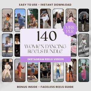 Op de afbeelding: Een digitale productbundel met 140 Instagram Reels-video's van dansende vrouwen. De afbeelding toont een raster van telefoonvormige frames met verschillende vrouwen in verschillende outfits en locaties. Tekst omvat "140 Women Dancing Reels Bundle" en "Instagram Reels Videos."