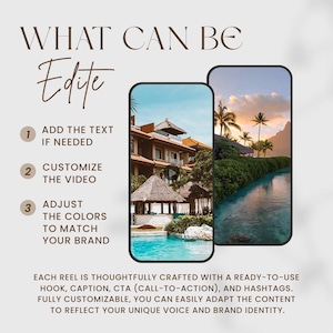 May include: An image with the text "WHAT CAN BE Edite". The image shows two smartphone screens with tropical resort scenes. The text includes instructions: add text, customize video, and adjust colors. The bottom text says "EACH REEL IS THOUGHTFULLY CRAFTED..."