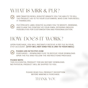 May include: A digital product information sheet with the title "WHAT IS MRR & PLR?" and explanations of Master Resell Rights and Private Label Rights. The sheet also includes instructions on how to download the product from Etsy.