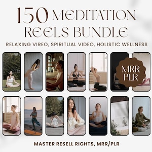 Pode incluir: Imagem promocional de um pacote de 150 Reels de Meditação. A imagem apresenta uma grade de quadros em forma de smartphone, cada um exibindo uma pessoa em várias poses de ioga e meditação. O texto inclui "Relaxing Vireo, Spiritual Video, Holistic Wellness."