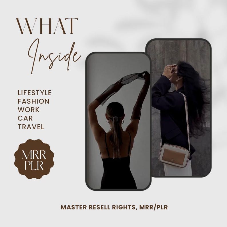 May include: A promotional image with the text "WHAT Inside" and "LIFESTYLE, FASHION, WORK, CAR, TRAVEL". It also includes the text "MASTER RESELL RIGHTS, MRR/PLR". The image features two women, one in a black dress and the other in a black blazer.