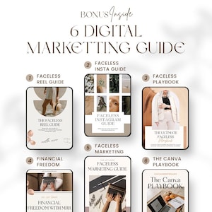 May include: A digital marketing guide with six different guides, including Faceless Reel Guide, Faceless Insta Guide, and The Canva Playbook. The guides are displayed on a white background with a brown font.
