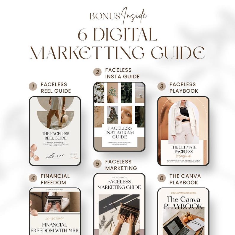 May include: A digital marketing guide with six different guides, including Faceless Reel Guide, Faceless Insta Guide, and The Canva Playbook. The guides are displayed on a white background with a brown font.