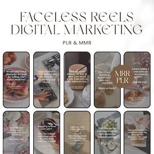 May include: A digital marketing graphic with the text "FACELESS REELS DIGITAL MARKETING" and "PLR & MMR." The image features several mock-up phone screens with text about social media and sales strategies. The overall theme is digital marketing.
