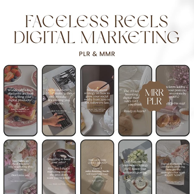 May include: A digital marketing graphic with the text "FACELESS REELS DIGITAL MARKETING" and "PLR & MMR." The image features several mock-up phone screens with text about social media and sales strategies. The overall theme is digital marketing.
