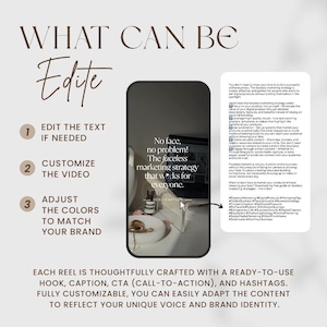 May include: A smartphone screen displays text about a faceless marketing strategy. The text includes the phrases "Edit the text if needed", "Customize the video", and "Adjust the colors to match your brand". The image also includes a list of hashtags.