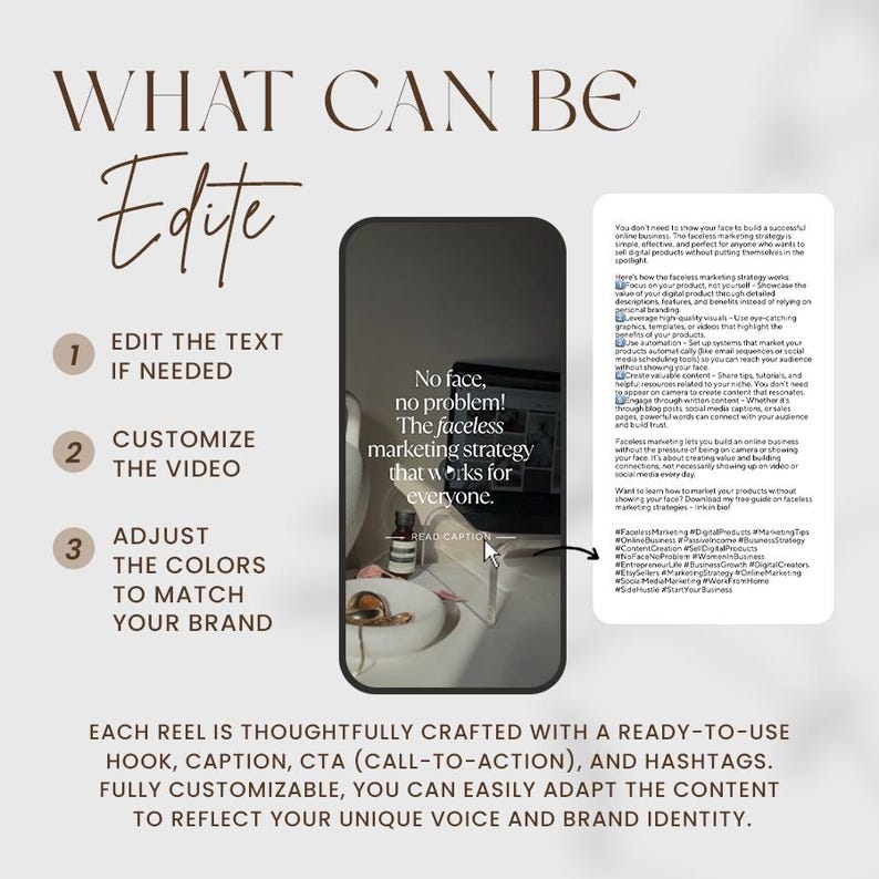 May include: A smartphone screen displays text about a faceless marketing strategy. The text includes the phrases "Edit the text if needed", "Customize the video", and "Adjust the colors to match your brand". The image also includes a list of hashtags.