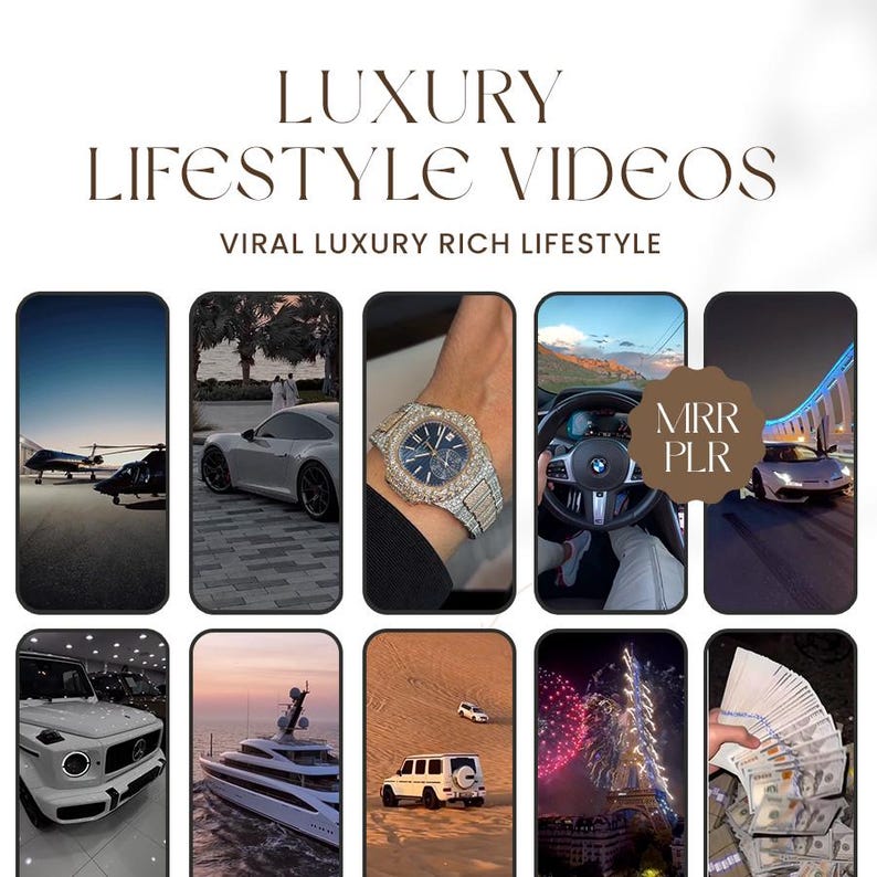May include: A collage of images showcasing a luxurious lifestyle. The images include a private jet, a sports car, a yacht, a diamond watch, a luxury SUV, a stack of cash, and a view of the Eiffel Tower at night. The text "MRR PLR" is visible in the top right corner of the image.