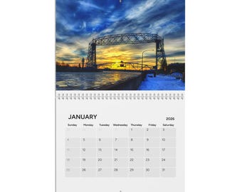 Calendrier mural 2026, photographie du nord du Minnesota, pont levant, phares